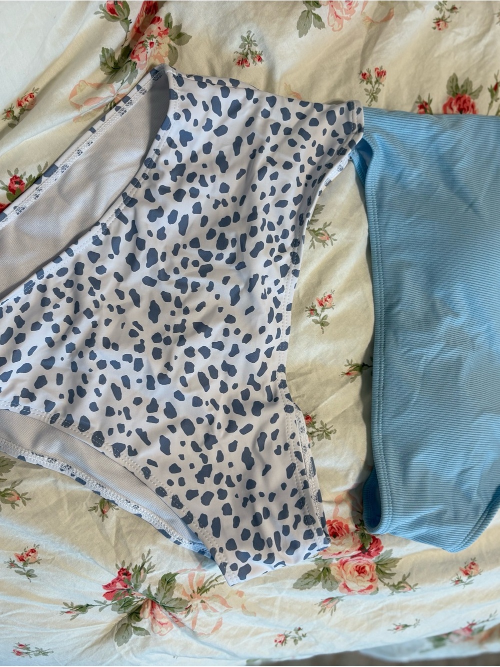 White One-Piece with Blue Spot Print and Light Blue Side Panel